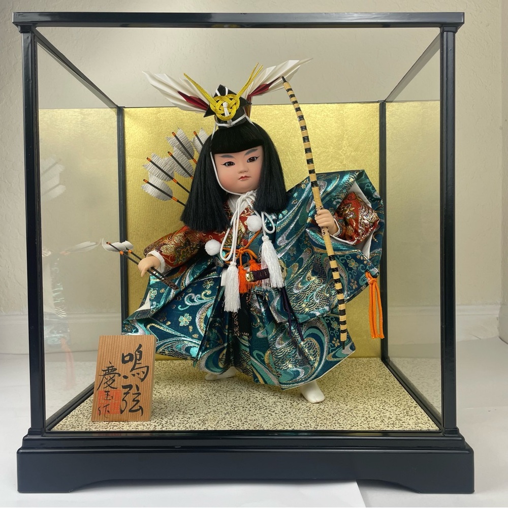Japanese Musha Ningyo Warrior Doll in Glass Case 14” Samurai Display Figure